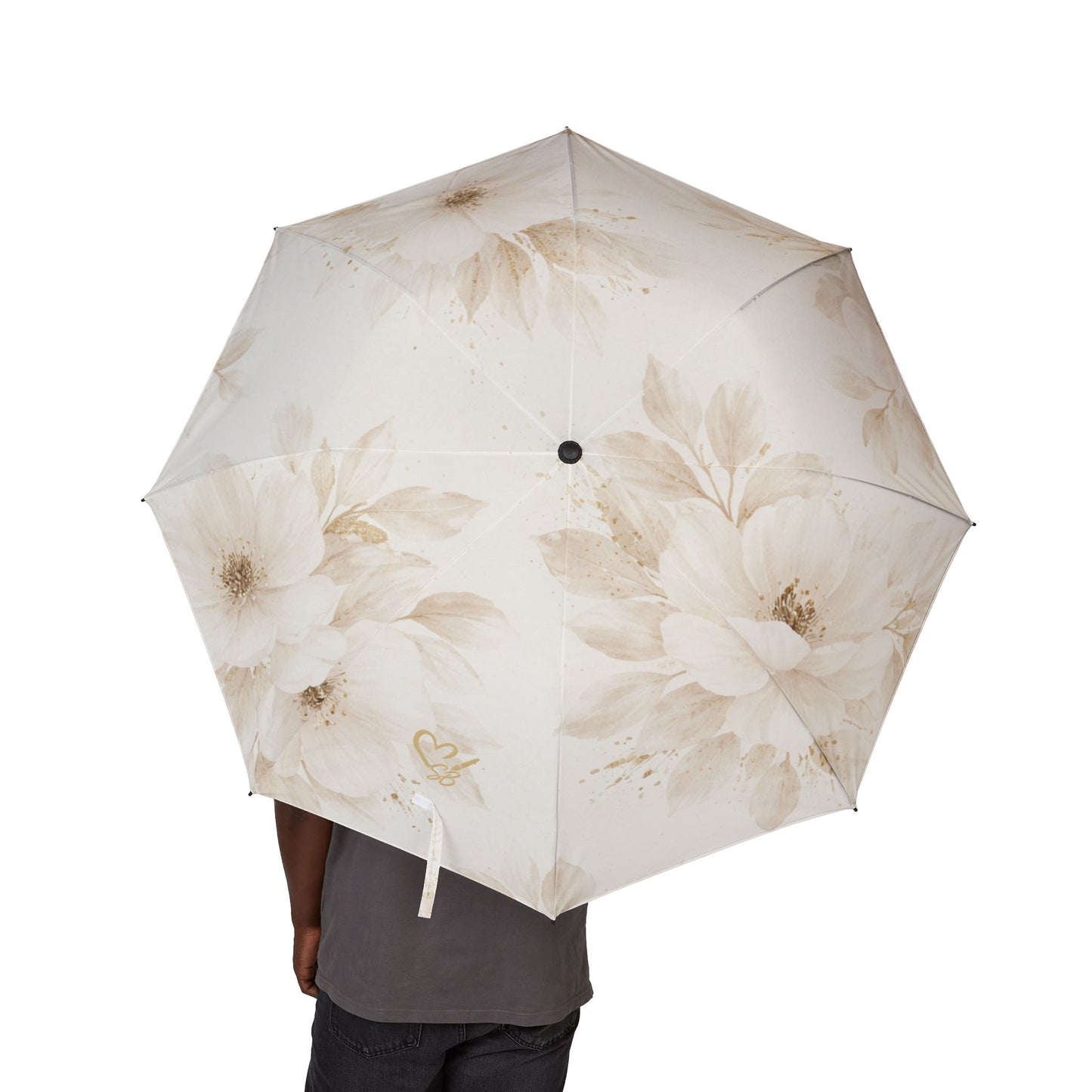 Paraguas compacto Soft Bloom — Paraguas plegable semiautomático con diseño de peonías en acuarela beige