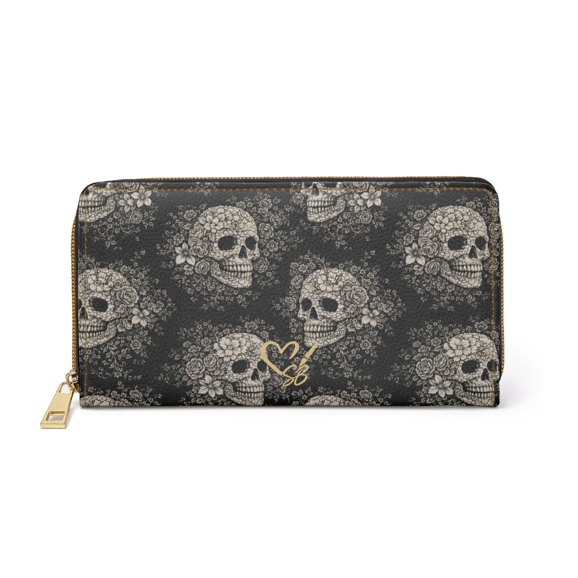 Requiem Bloom gothic floral skull zipper wallet – front view, close up, Day of the Dead design by the Soulful Brush
