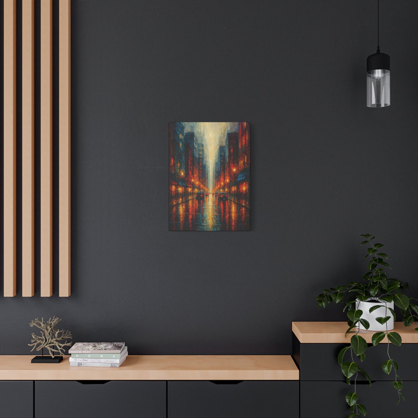 Lienzo mate "Paisaje urbano lluvioso" - Arte de pared urbano nocturno estirado