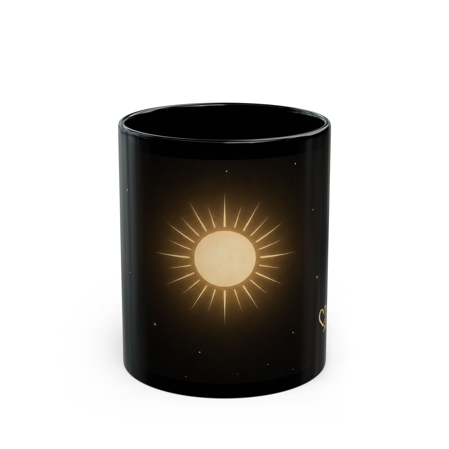 Sol Radiance-Celestial Sun Black Mug — Golden Sun & Stars Coffee Cup (11oz, 15oz)