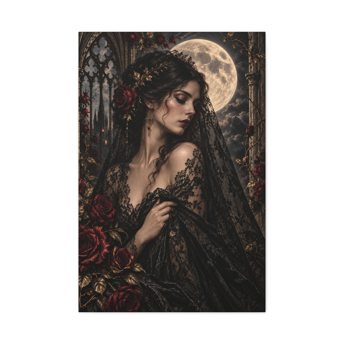 Gothic Moonlit Maiden Canvas Art - Nocturne In Lace-Romantic Dark Victorian Wall Decor