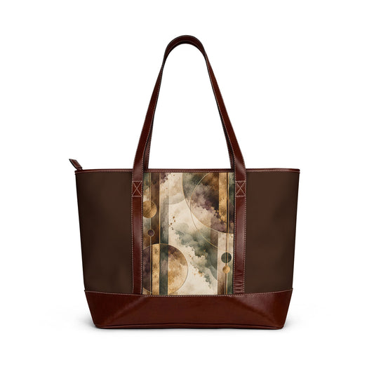 Celestial Brown Leather-Accent Tote Handbag — Moon Phases Print, Everyday Travel & Work Bag