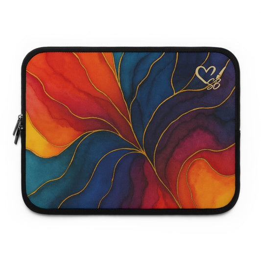 Abstract Sunset Swirl Laptop Sleeve — Colorful Watercolor Design with Gold Line Accent