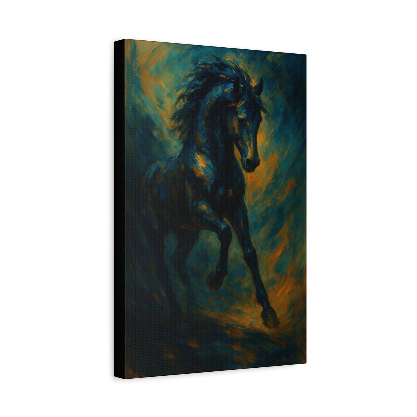 Lienzo Mate de Caballo Negro Galopando — Dramática Pintura Ecuestre