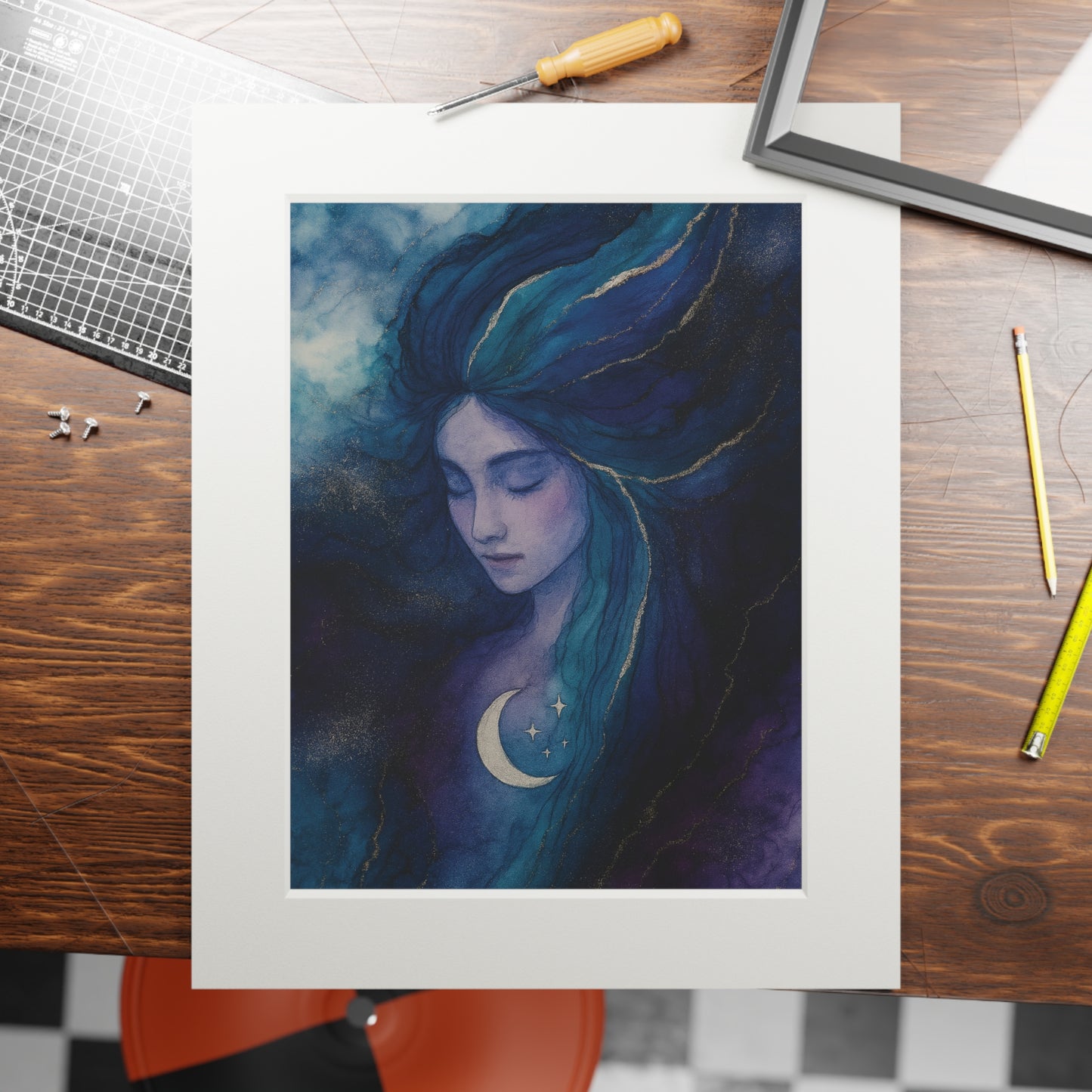 Moon Goddess -Fine Art Prints - Goddess Series Alcohol Ink Style Passepartout Paper Frame