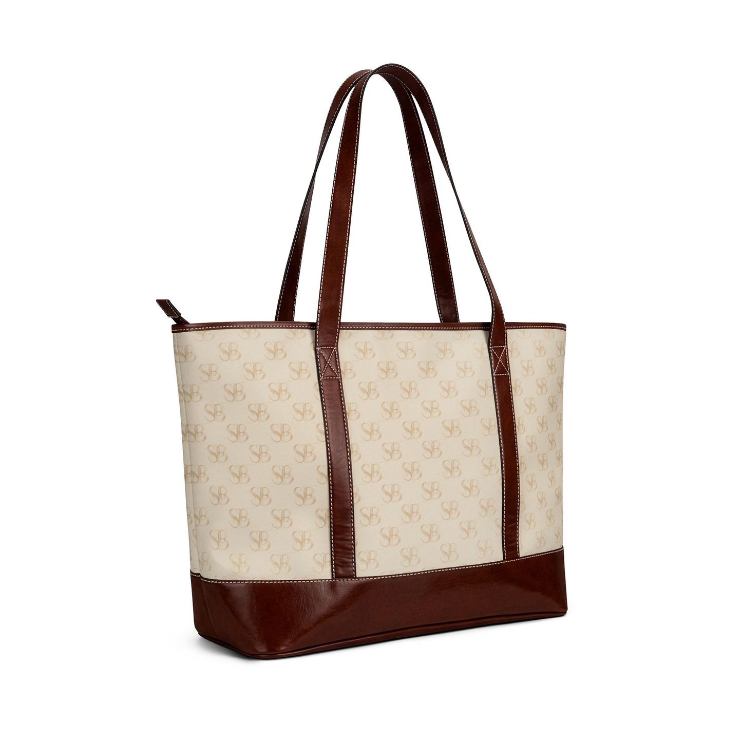 Sand-SB Monogram Canvas Tote Handbag — Beige & Brown Classic Everyday Shoulder Bag