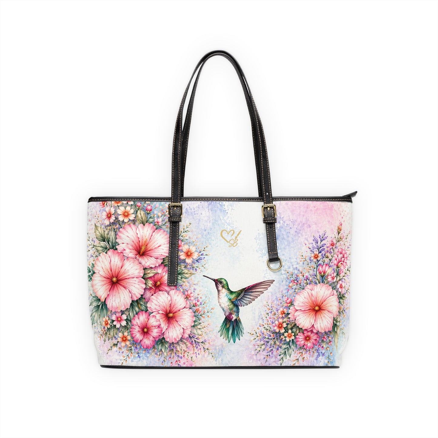 Lila Artisan Luxe PU leather shoulder bag 16x10 front view – watercolor floral hummingbird print tote by the Soulful Brush
