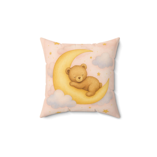 Teddy and Moon -Pink Pillow — Faux Suede Baby Decorative Pillow