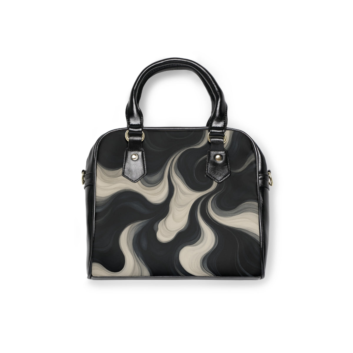 Marble Swirl Shoulder Handbag — Black & Cream Abstract Pattern