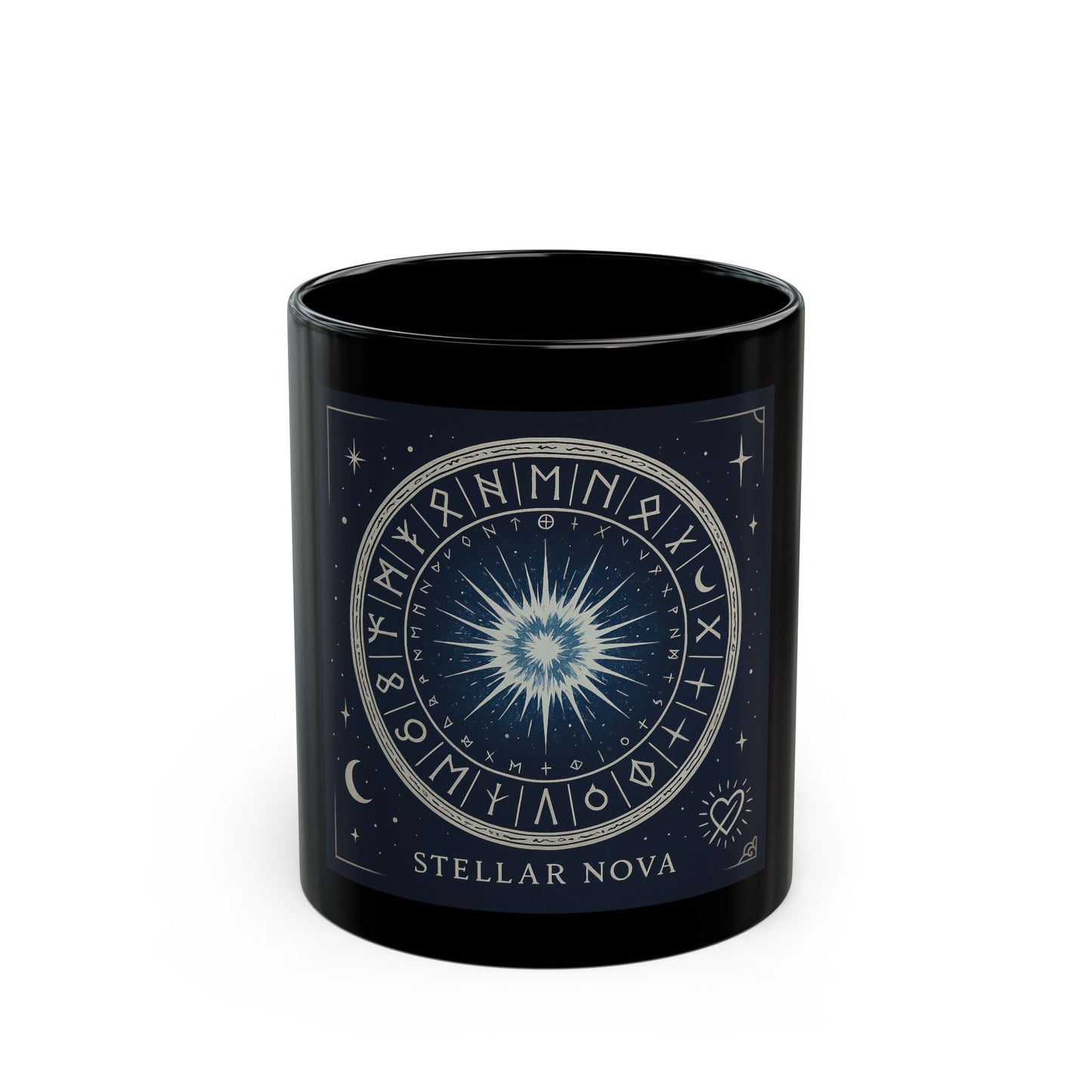 Taza Negra Stellar Nova — Taza de Café con Símbolo Zodiacal Celestial Starburst
