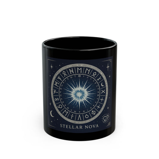 Taza Negra Stellar Nova — Taza de Café con Símbolo Zodiacal Celestial Starburst