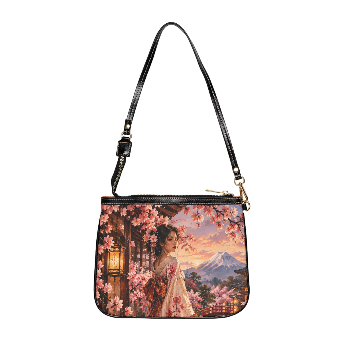 Front of Madama Butterfly — A Thousand Petals small shoulder bag with black strap and artwork depicting a woman in a floral kimono beneath cherry blossoms with a mountain beyond.