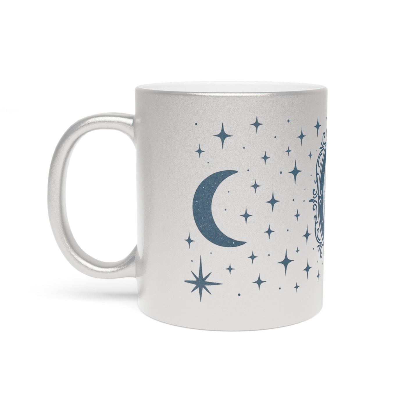 Taza Metálica Fase Lunar — Taza de Café Celestial Plateada/Dorada con Estrellas y Luna Creciente