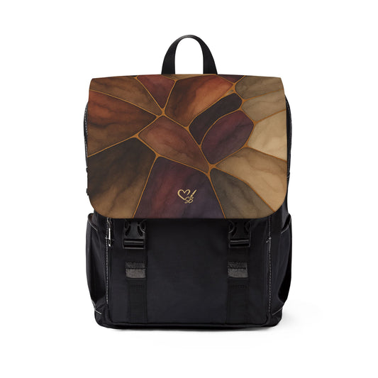 Sienna Artisan Luxe shoulder backpack front view – earthtone stained glass  print artistic daypack by the Soulful Brush
