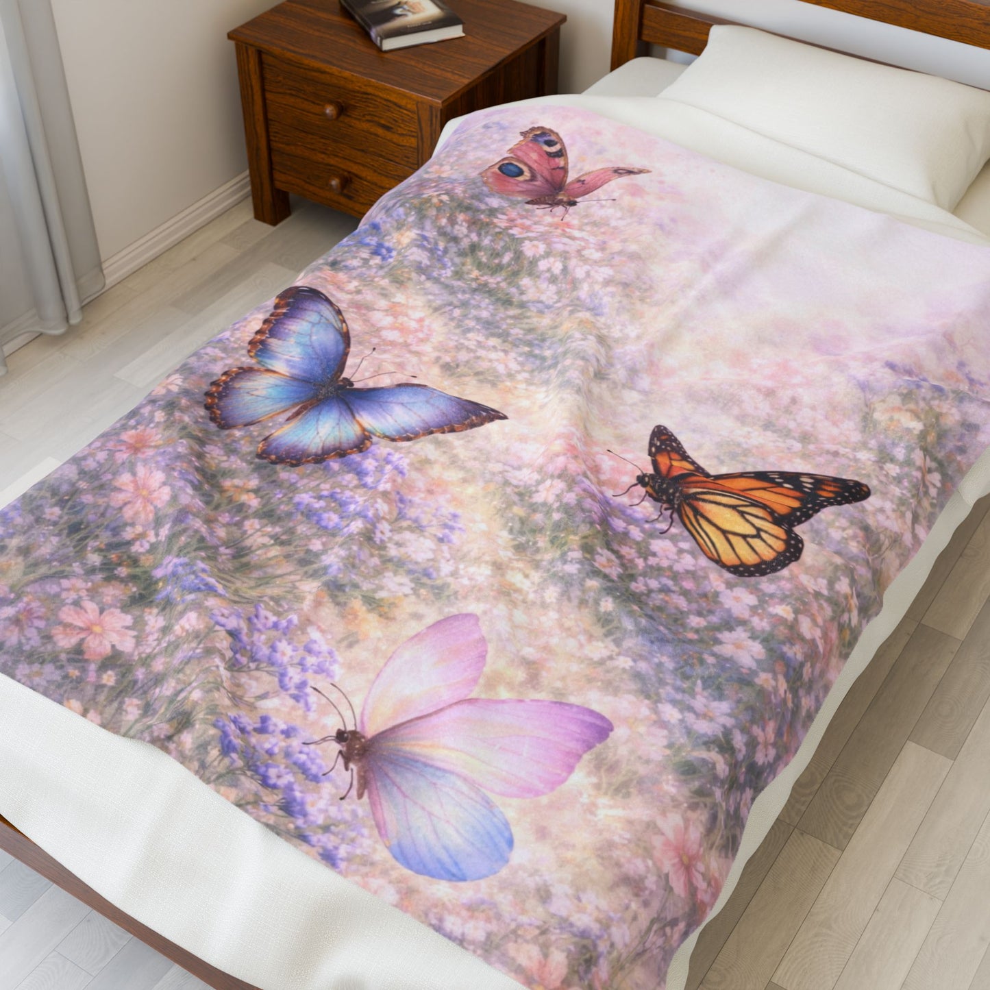 Butterfly Meadow Velveteen Plush Blanket — Soft Pastel Throw for Bedroom, Nursery & Cozy Gifts