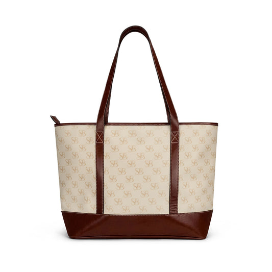 Sand-SB Monogram Canvas Tote Handbag — Beige & Brown Classic Everyday Shoulder Bag