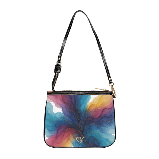Gloria shoulder bag front view – colorful teal indigo gold and rose floral swirl PU leather small purse by the Soulful Brush
