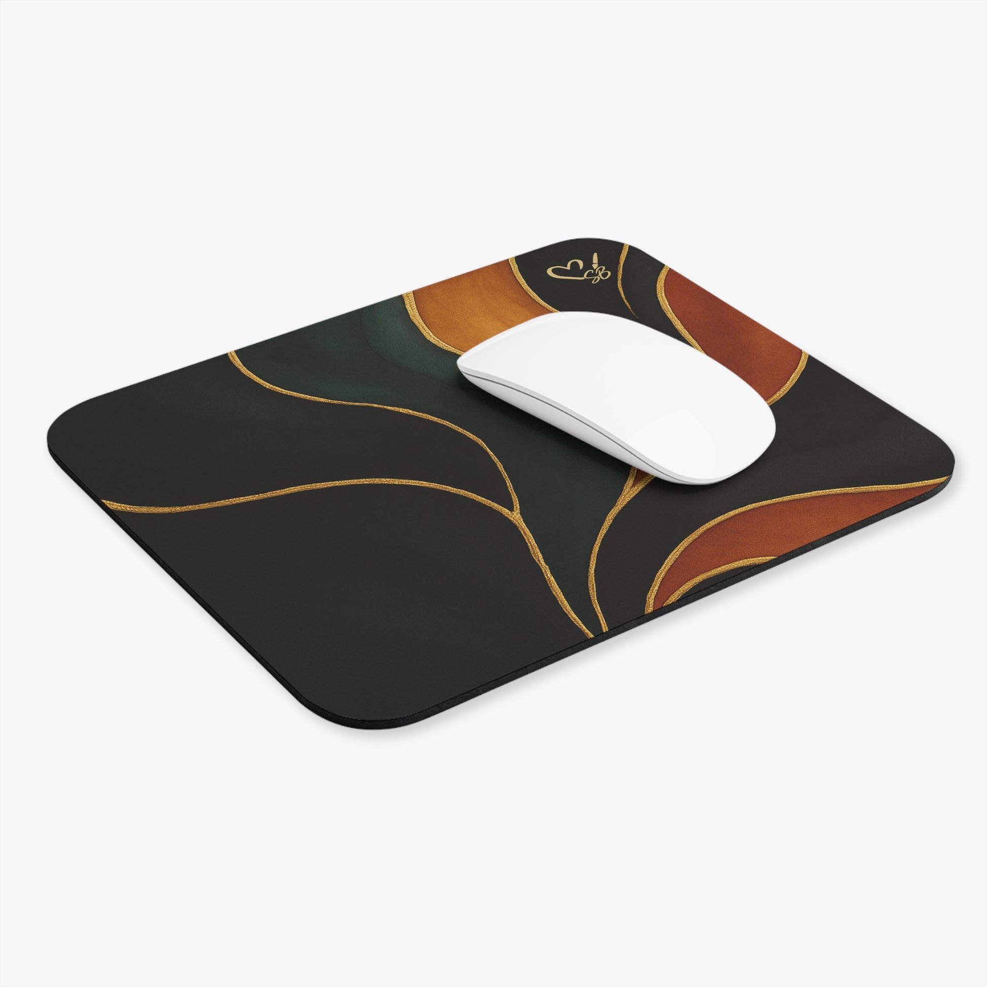 Vivian Artisan Luxe mouse pad lifestyle shot – abstract autumn waves print desk accessory styled on work desk by the Soulful Brush
