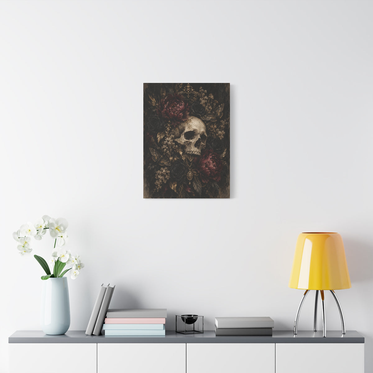 Gothic Skull & Peonies Canvas Wall Art —Velvet Mourning- Dark Floral Home Decor