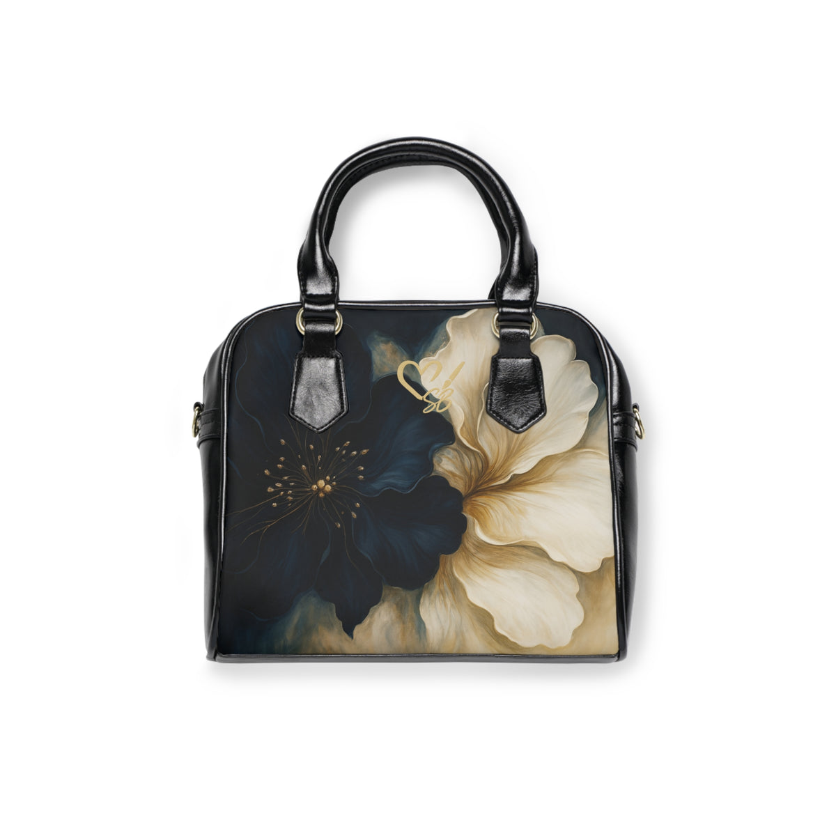 Floral Shoulder Handbag – Elegant Black & Cream Bloom Print