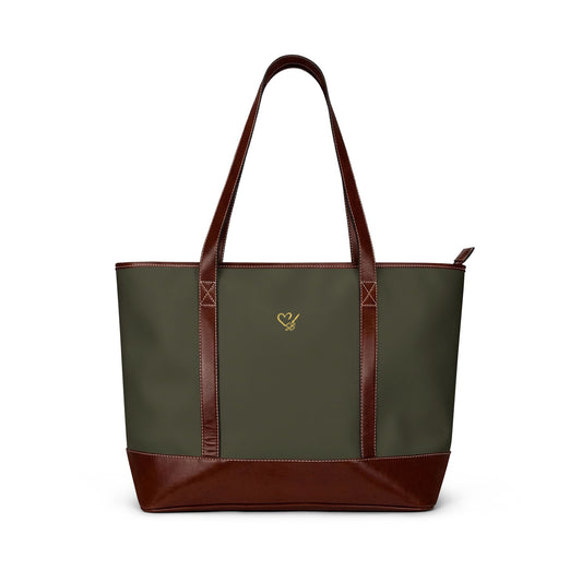 Floral Olive Tote Handbag – Watercolor Leaf Print Leather-Trim Shoulder Bag