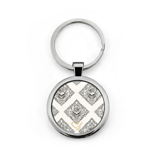 Llavero redondo de acero inoxidable Relic Bloom — Llavero con diseño de diamante floral vintage