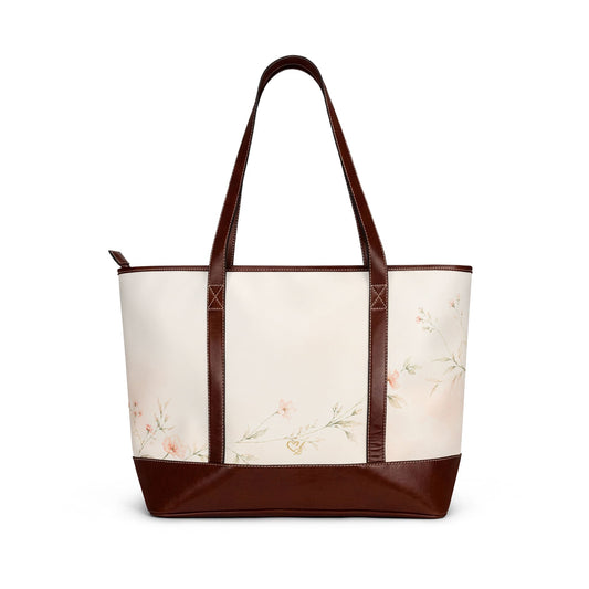 Still Garden floral canvas tote handbag – front view, vintage peach blossom everyday shoulder bag by the Soulful Brush
