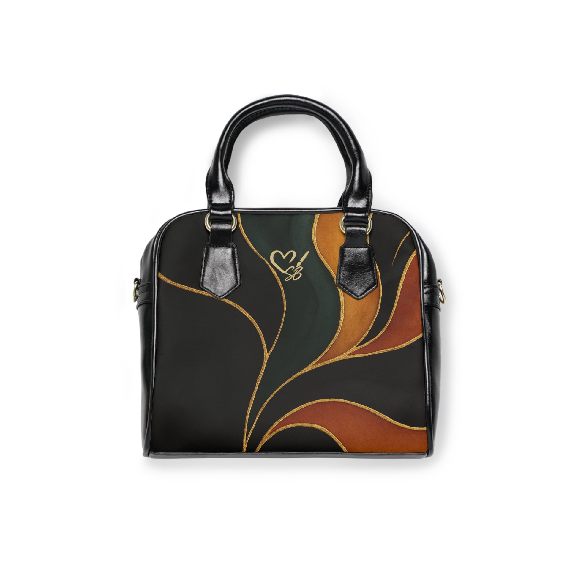 Vivian Artisan Luxe shoulder handbag front view – abstract autumn waves earthy green burnt orange tote by the Soulful Brush
