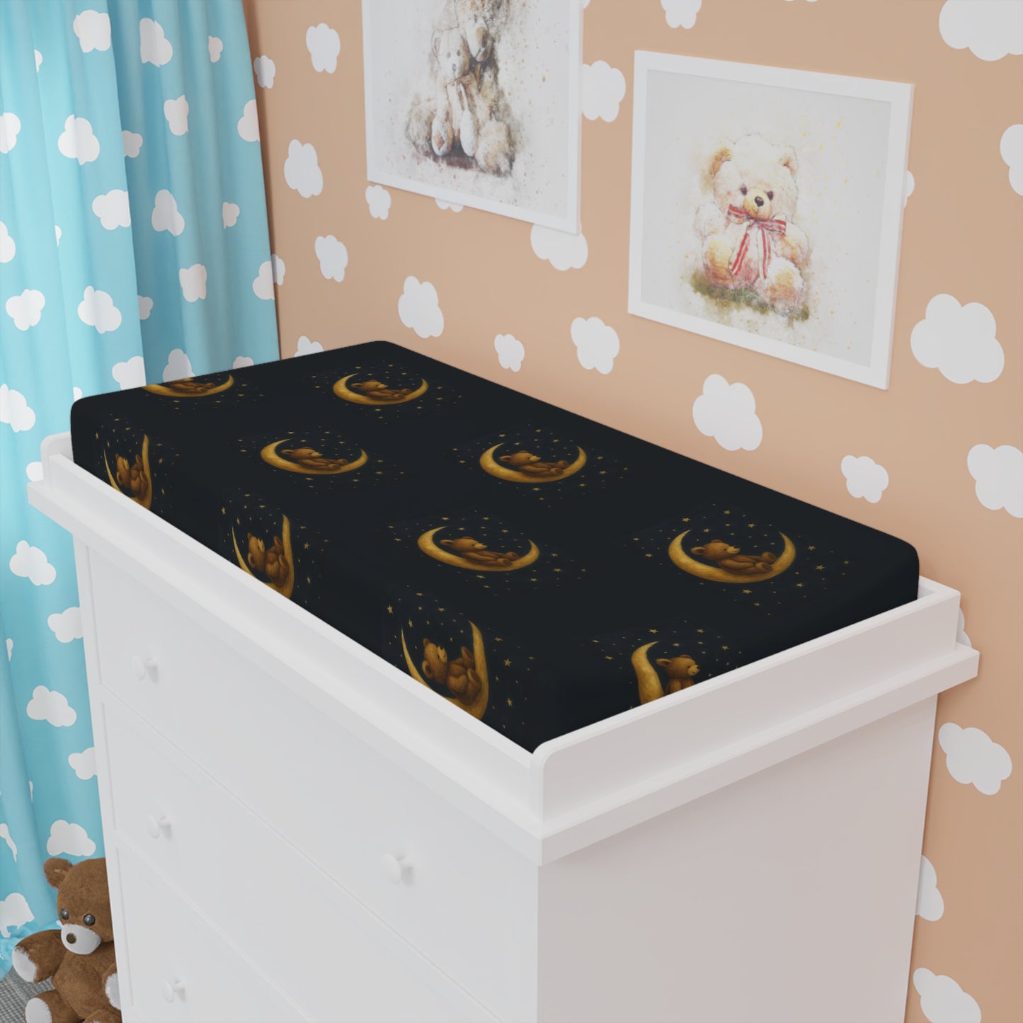 To the Moon 3 – Funda para cambiador de bebé | Celestial Dreams – Estampado de luna creciente dorada para guardería
