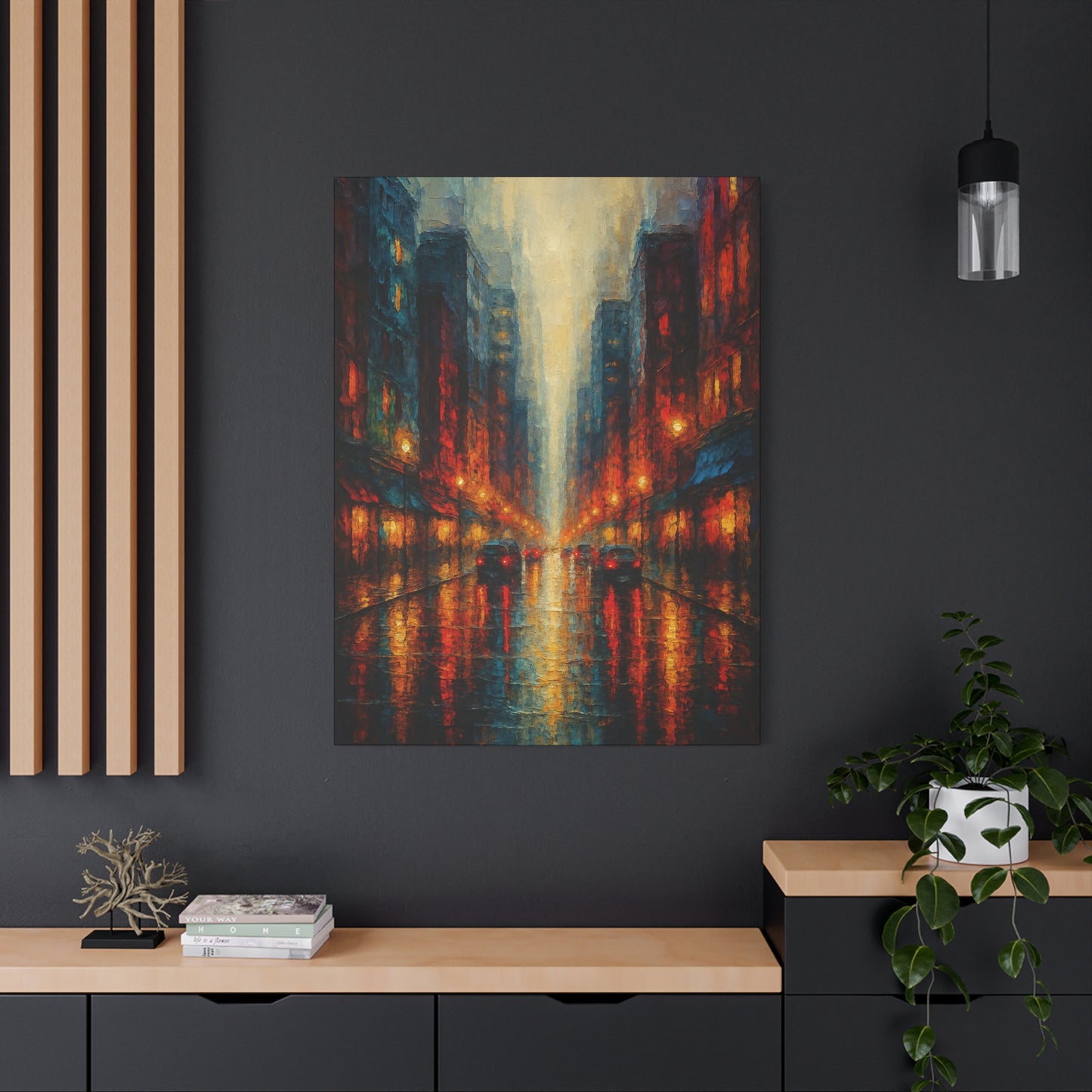 Lienzo mate "Paisaje urbano lluvioso" - Arte de pared urbano nocturno estirado