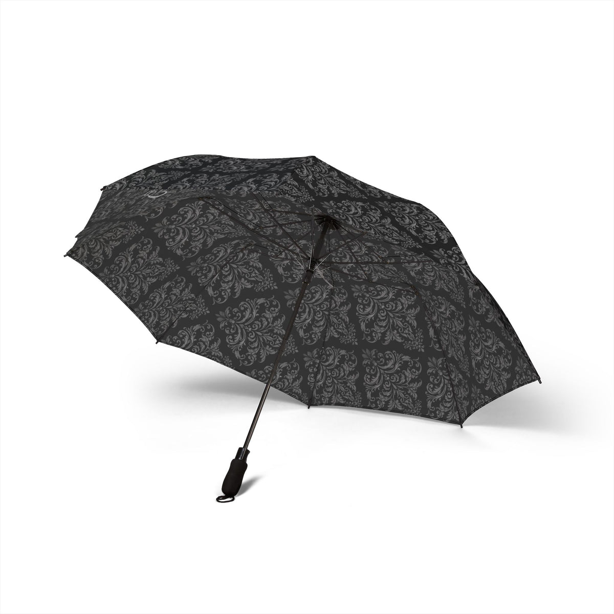 Compact Foldable Umbrella — Black Damask Semi-Automatic Travel Umbrella