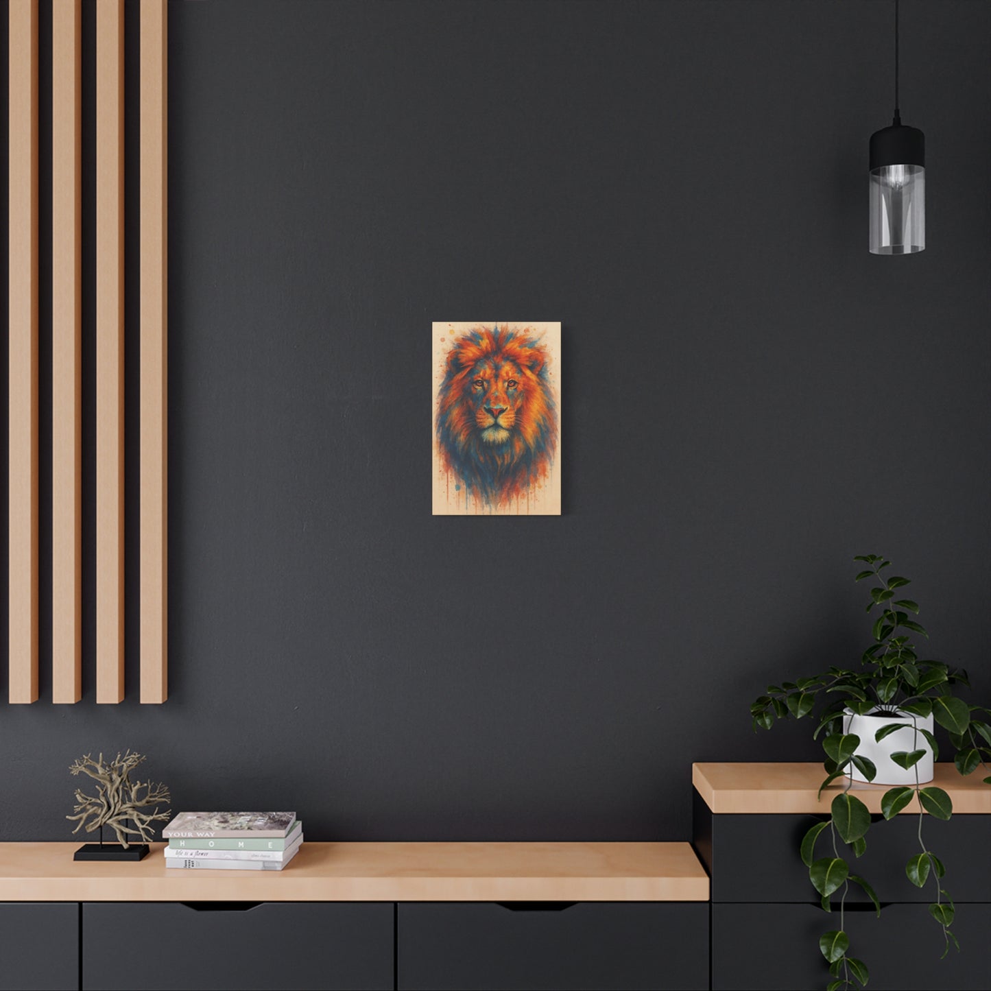 Lion-Bold Colorful Abstract Animal Acrylic Ink Matte Canvas (Stretched)