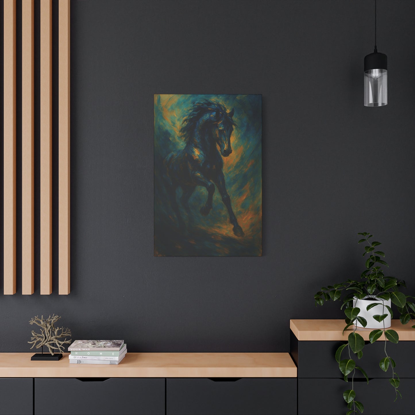 Lienzo Mate de Caballo Negro Galopando — Dramática Pintura Ecuestre