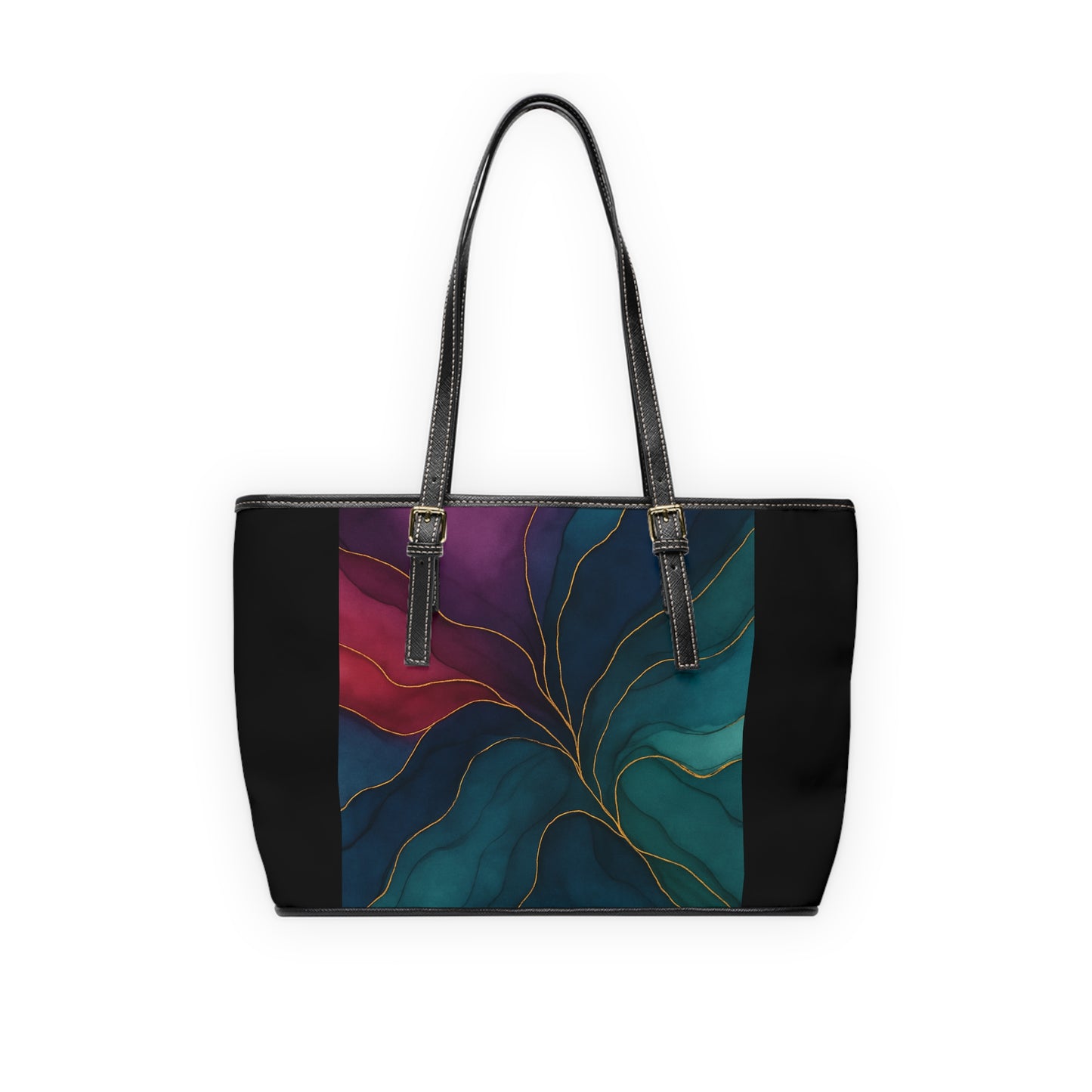 Tyler-2025 Colección Artisan Luxe - Bolso de hombro de PU con panel — Bolso tote color verde azulado y burdeos con detalle veteado dorado