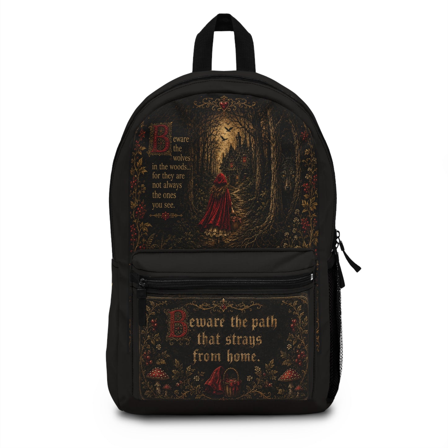 Backpack — Gothic Red Riding Hood Forest Quote Bag: “Beware the path that strays from home”