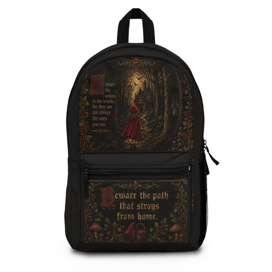 Backpack — Gothic Red Riding Hood Forest Quote Bag: “Beware the path that strays from home”