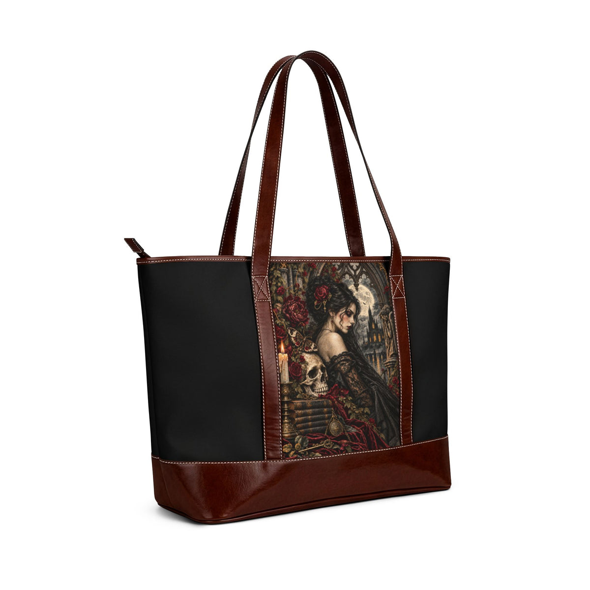 Gothic Rose Skull Tote Handbag
