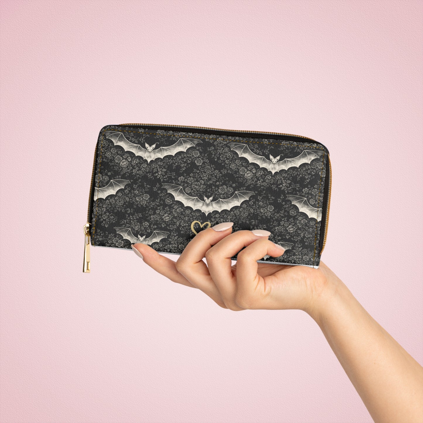 Cartera con cremallera Eclipse Noir — Cartera de mano con patrón gótico floral de murciélago para Halloween
