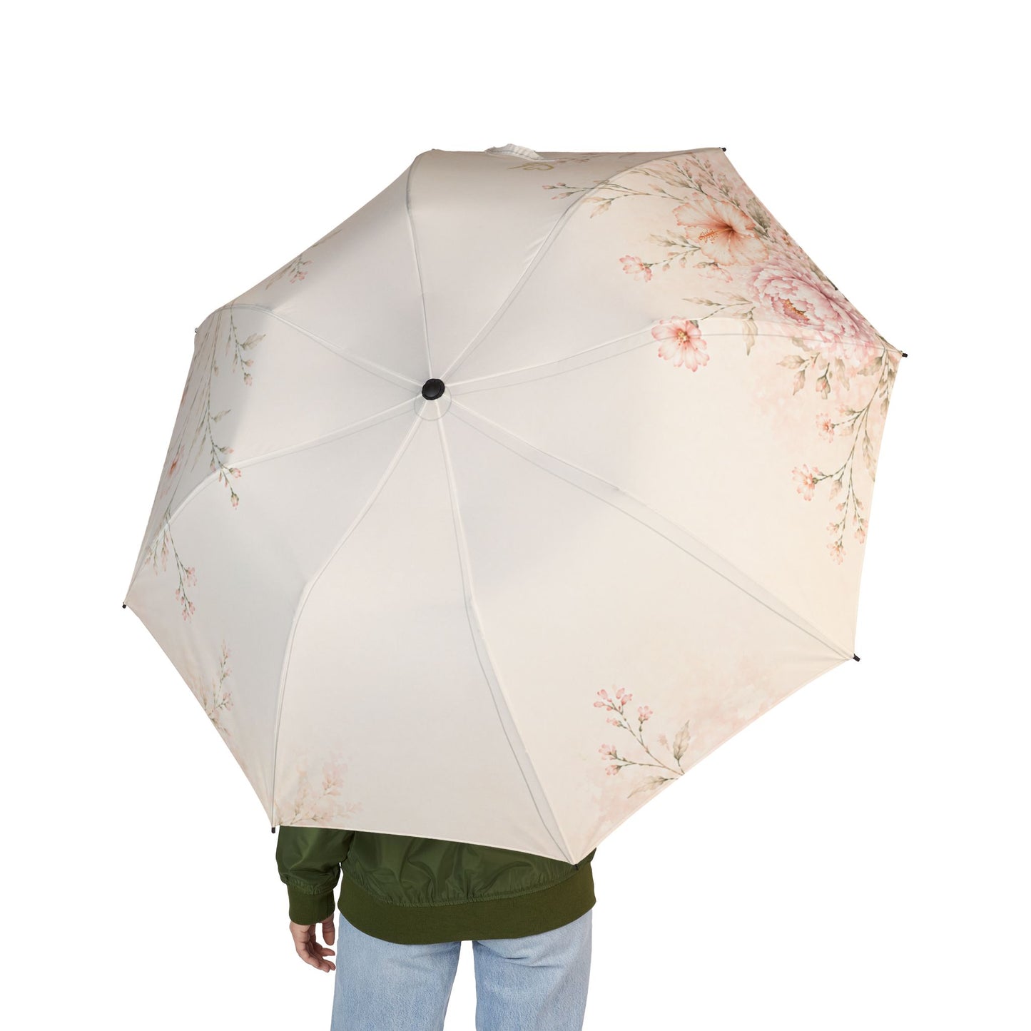 Quiet Bloom floral umbrella lifestyle view – semi-automatic compact pink rose design by the Soulful Brush
