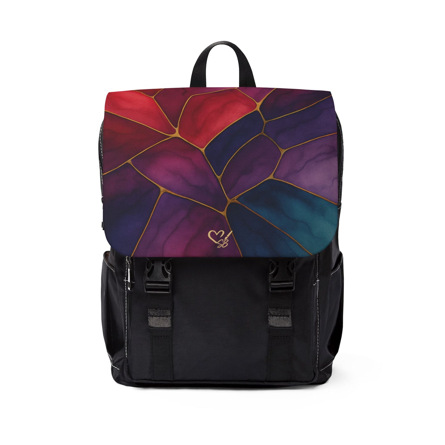 Shelby Artisan Luxe flap backpack front view – vibrant jewel-tone stained glass print structured flap backpack by the Soulful Brush
