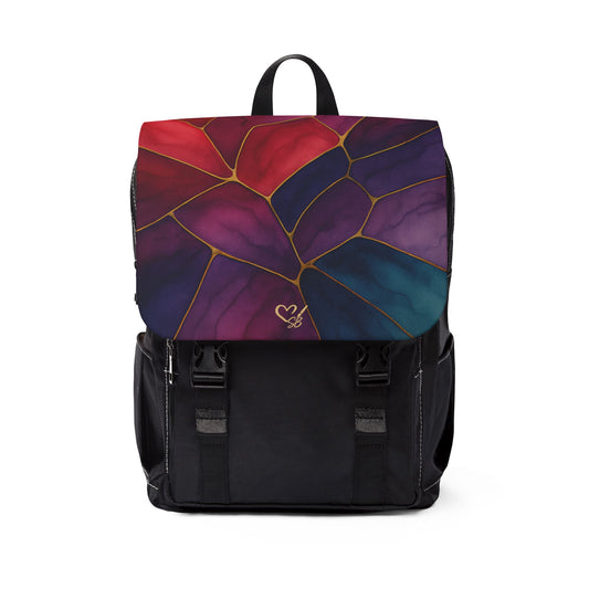 Shelby Artisan Luxe flap backpack front view – vibrant jewel-tone stained glass print structured flap backpack by the Soulful Brush
