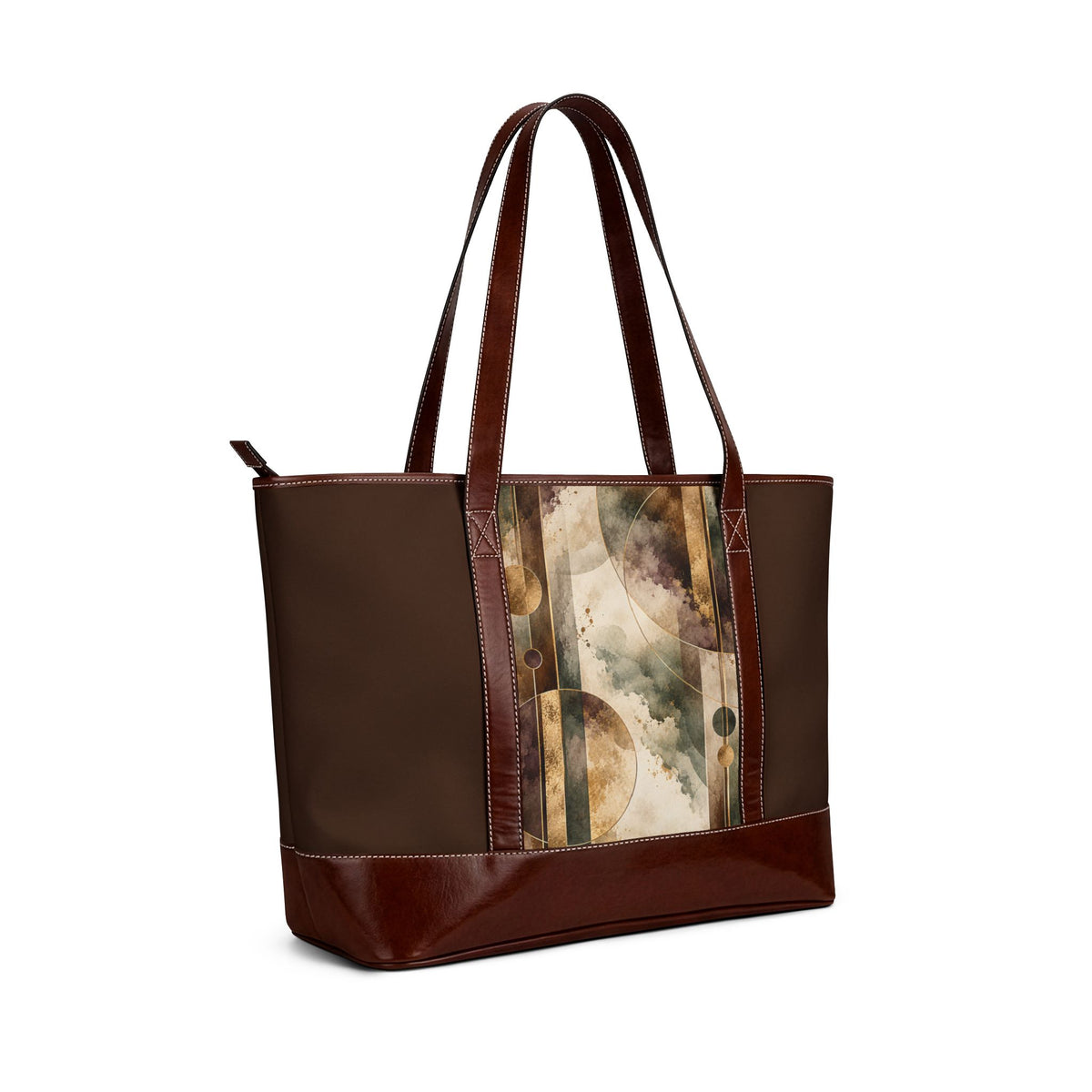 Celestial Brown Leather-Accent Tote Handbag — Moon Phases Print, Everyday Travel & Work Bag