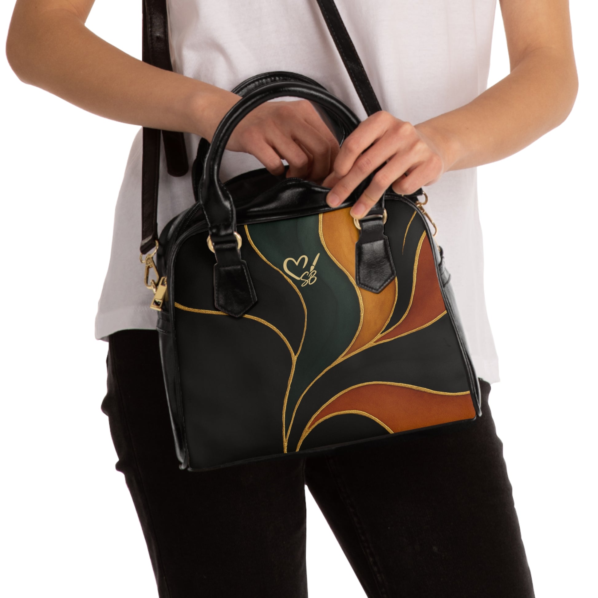Vivian Artisan Luxe shoulder handbag lifestyle shot – earthy green burnt orange wearable art handbag by the Soulful Brush
