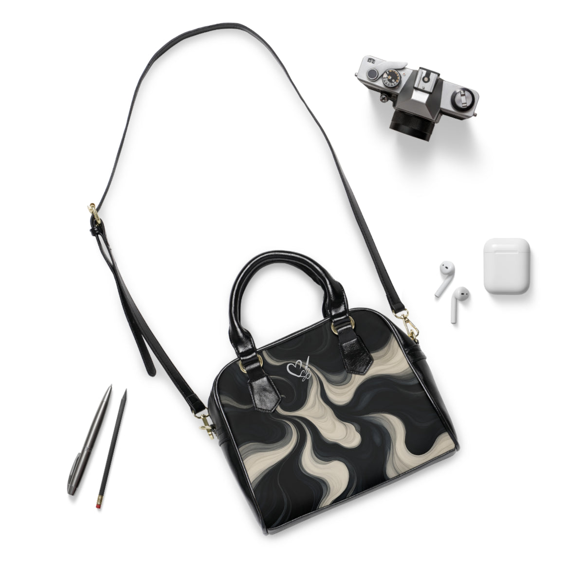 Marble Swirl Shoulder Handbag — Black & Cream Abstract Pattern