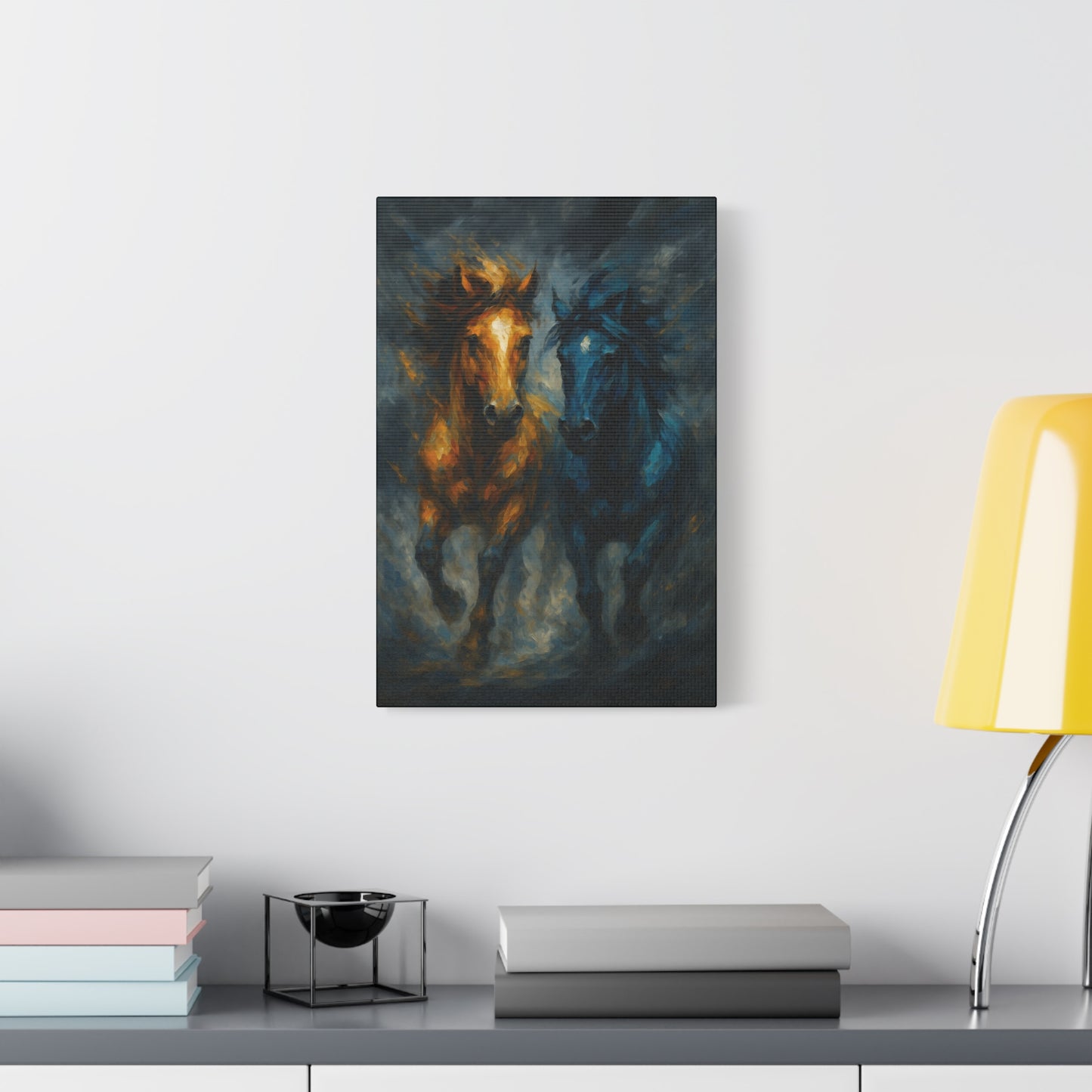 Running Horses Matte Canvas Wall Art — Abstract Gold & Blue Horse Painting