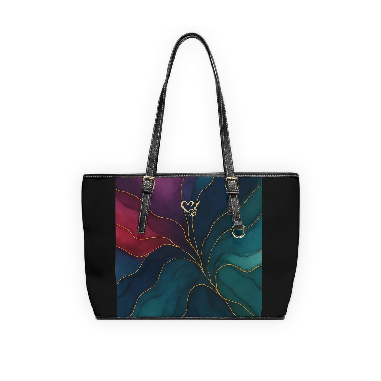 Tyler-2025 Colección Artisan Luxe - Bolso de hombro de PU con panel — Bolso tote color verde azulado y burdeos con detalle veteado dorado