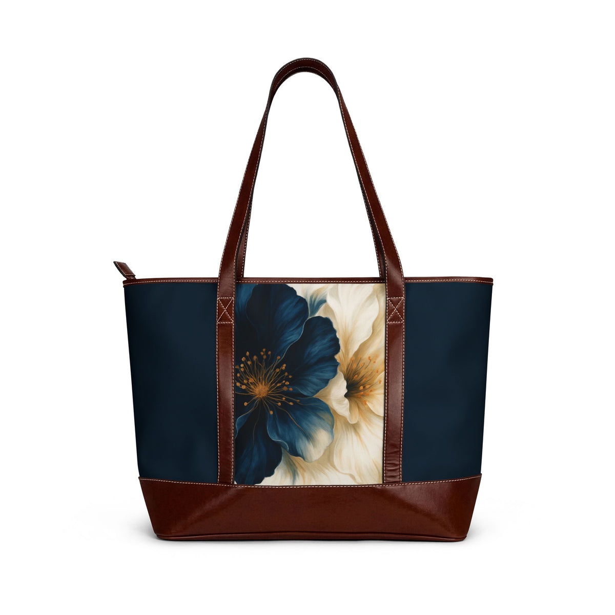 Dark Teal Floral Handbag – Blue and White Flower Tote