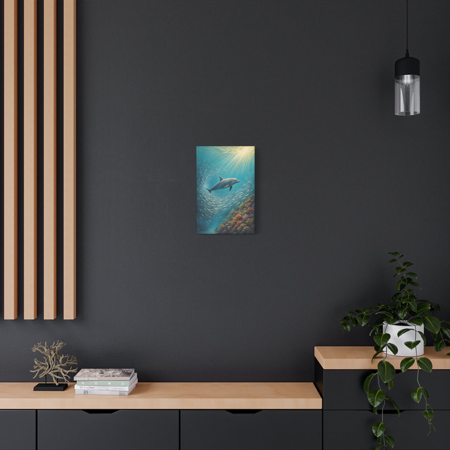 Estampa artística de delfín en el océano con paspartú — Arte de pared marino submarino