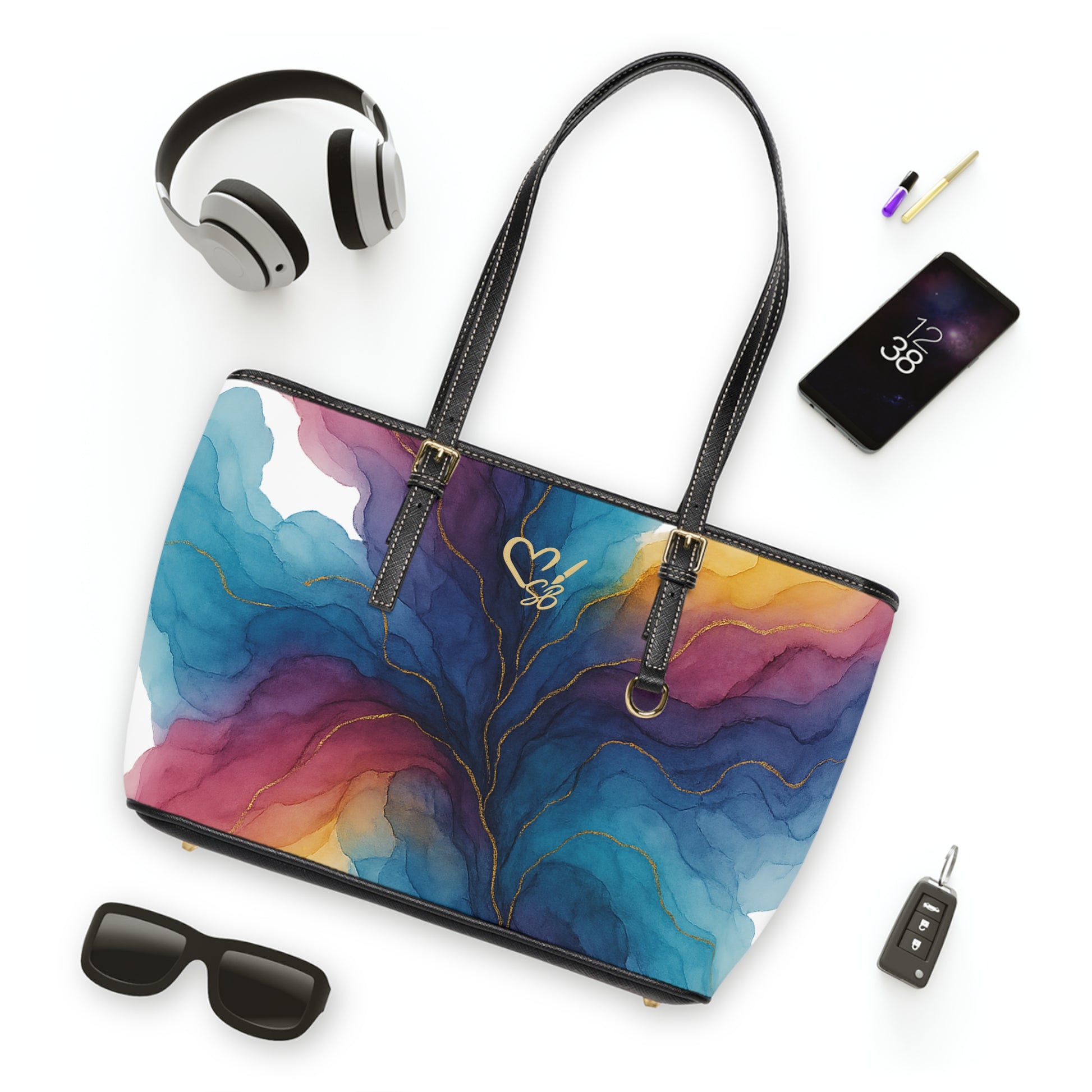 Gloria Artisan Luxe shoulder bag flat view 17x11 – colorful watercolor wave abstract print structured shoulder bag by the Soulful Brush
