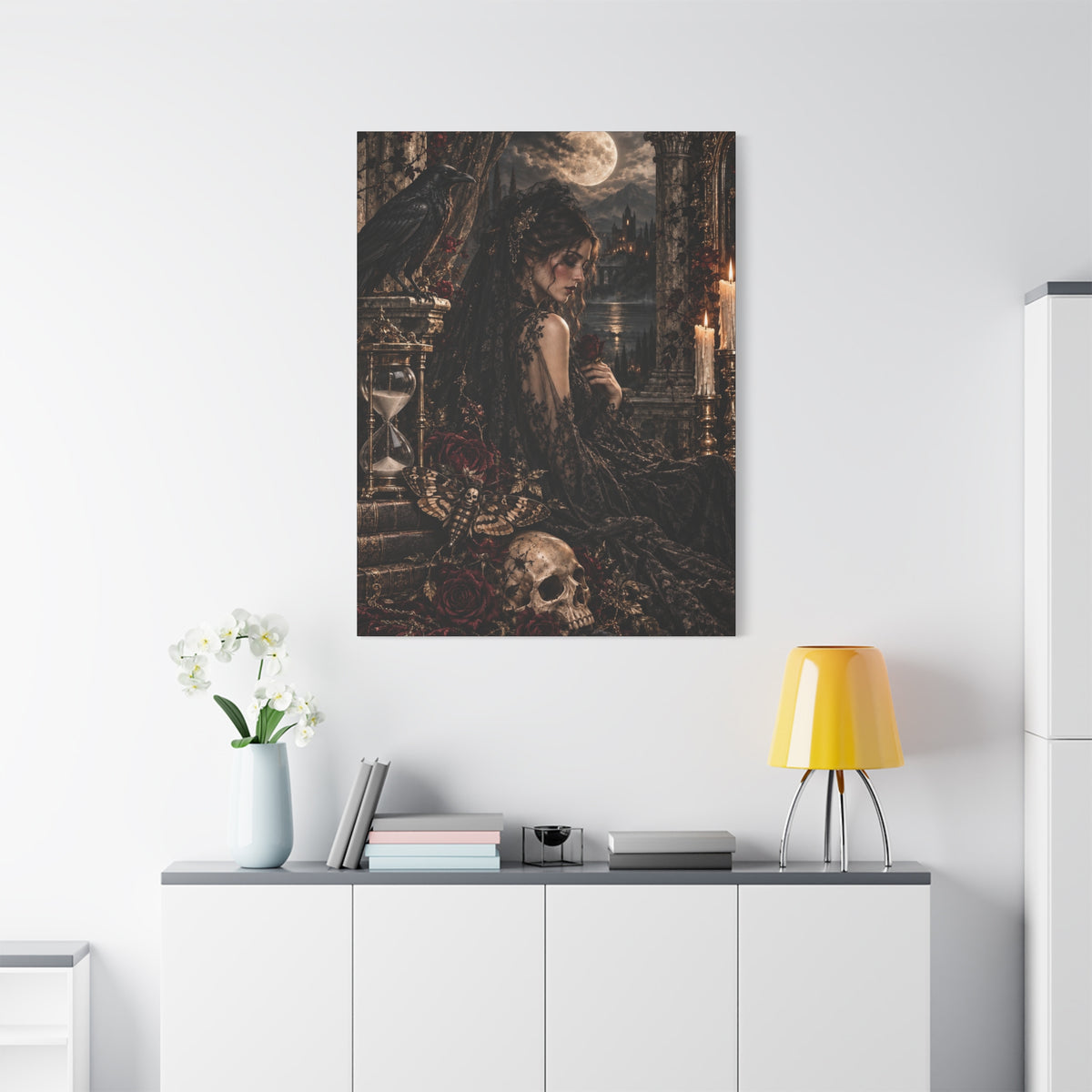 Gothic Mourning Matte Canvas Wall Art —Cathedral Sorrows -Dark Victorian Lady with Skull & Roses